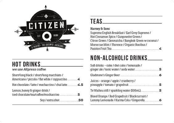 Menu photo 5 Citizen Q Auckland, AUK