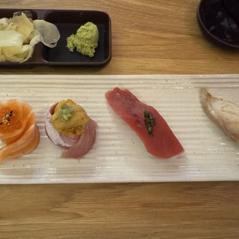 Chef JUN - Point Loma - left to right: salmon with ikura, yellow tail with uni, lean bluefin tuna with caviar and seared cod - Sushi Bars Near Me - San Diego, California