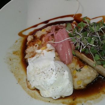 Skates On The Bay - Pork belly braided in rootbeer with grits and poached egg - Seafood Near Me - Berkeley, California Skates On The Bay - Pork belly braided in rootbeer with grits and poached egg - Seafood Near Me - Berkeley, California