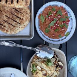 Muhammara and Eggplant Fatteh