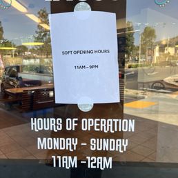 Hours during soft opening. Small Combo special for $2.25 for drink and chips says 4/10but is still being honored