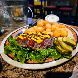 New Jesters Lounge - Burger (no bun) with tater tots