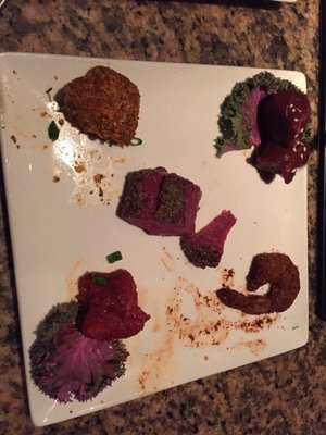 Photo of The Melting Pot - Cincinnati - Cincinnati, OH, US. The "classic" (minus some pieces I had already eaten!): herb-crusted chicken, teriyaki sirloin, sirloin, shrimp, Memphis-Style Dry Rub Pork