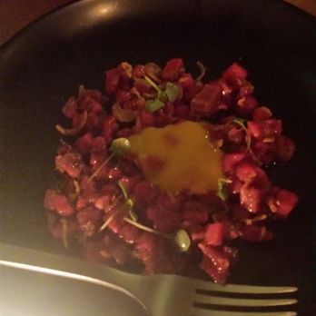 Tuome - Waygu Beef Tartar with Lemongrass & Three-Hour Egg Yolk: If Three-Hour Egg Yolks are a thing, then I don't get it. - New American Near Me - New York, New York Tuome - Waygu Beef Tartar with Lemongrass & Three-Hour Egg Yolk: If Three-Hour Egg Yolks are a thing, then I don't get it. - New American Near Me - New York, New York