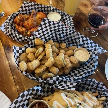 Heretic Brewery and Distillery - Crispy wings, pickles and potatoes, dirty fries with bacon on the side - Burgers Near Me - Fairfield, California