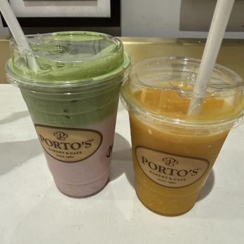 Porto's Bakery & Cafe - Matcha Green Tea Latte with strawberry and mango smoothie - Bakeries Near Me - Glendale, California Porto's Bakery & Cafe - Matcha Green Tea Latte with strawberry and mango smoothie - Bakeries Near Me - Glendale, California