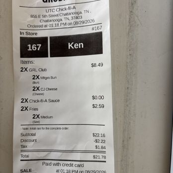 Chick-fil-A - Receipt for 2 lunches - Fast Food Near Me - Chattanooga, Tennessee