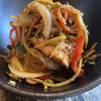 Thai District - Spicy Garlic and Basil Salmon - Thai Near Me - Long Beach, California Thai District - Spicy Garlic and Basil Salmon - Thai Near Me - Long Beach, California