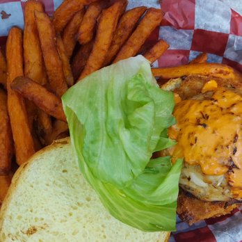 Reynolds Tavern - Chesapeake Crab Cake sandwich w/ fried green tomatoes and sweet potato fries! - Tea Rooms Near Me - Annapolis, Maryland