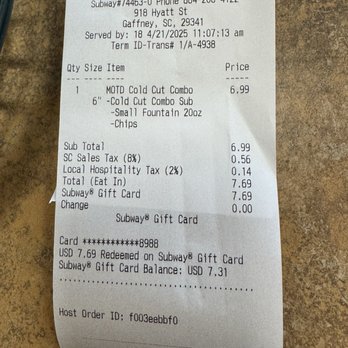 Subway - Receipt! - Fast Food Near Me - Gaffney, South Carolina Subway - Receipt! - Fast Food Near Me - Gaffney, South Carolina