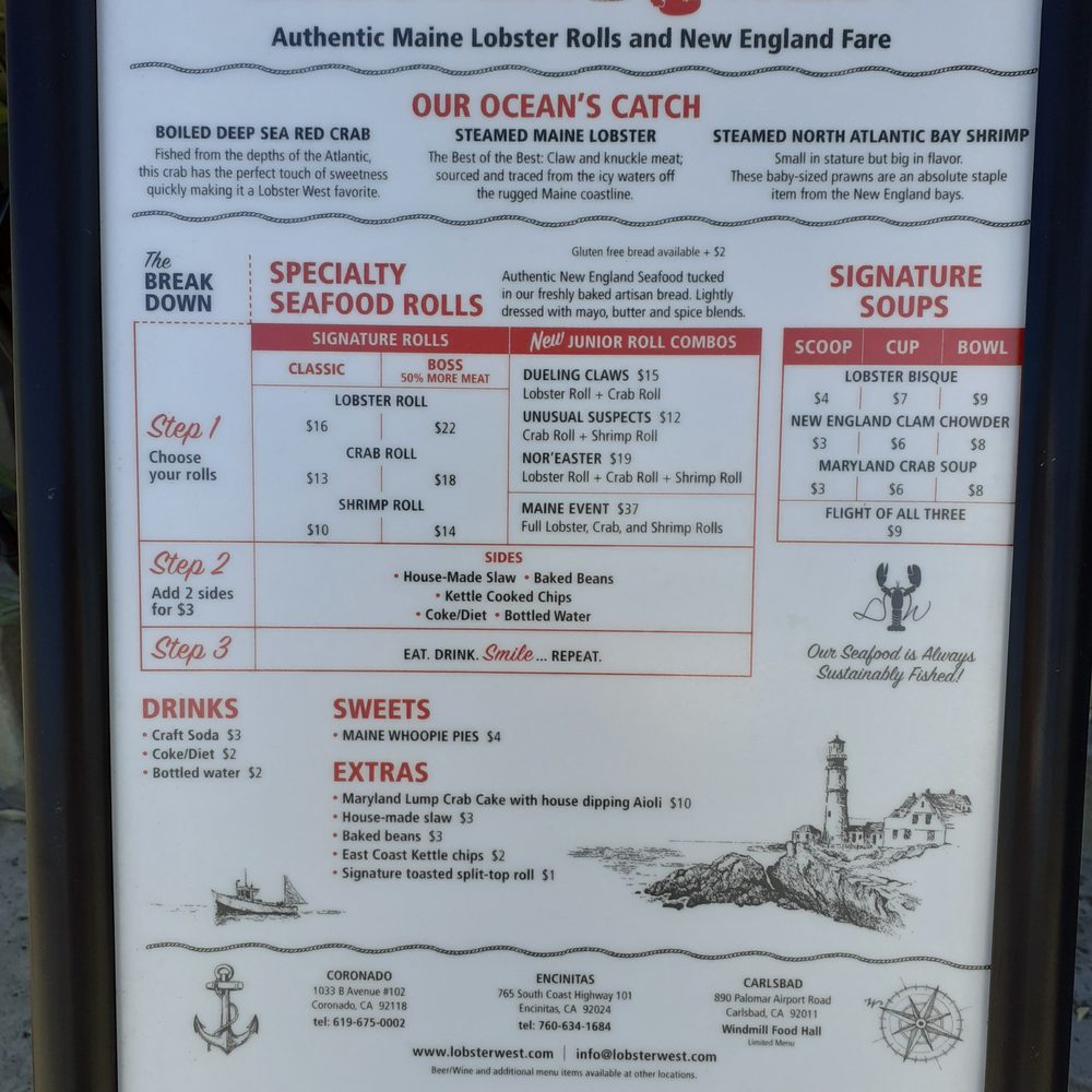 Lobster West - Menu was placed on the sidewalk - Seafood Near Me - Encinitas, California