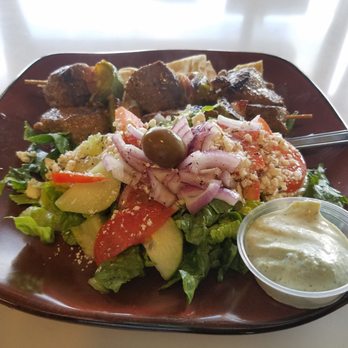 Larry's Santorini - Beef kabobs with double salad - Greek Near Me - Poway, California Larry's Santorini - Beef kabobs with double salad - Greek Near Me - Poway, California
