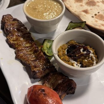 Bijan Persian Grill - Lamb Shish Kabab with Lentil Soup and Kashk-e-Bademjam - Persian/Iranian Near Me - Houston, Texas