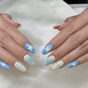 Daisies Nails Studio - spring blue yellow aura, stripes, star, bubble whimsical nail art - Nail Salons Near Me - Los Angeles, California Daisies Nails Studio - spring blue yellow aura, stripes, star, bubble whimsical nail art - Nail Salons Near Me - Los Angeles, California