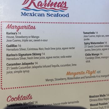 Karina's Mexican Seafood - Margaritas menu - Mexican Near Me - Chula Vista, California