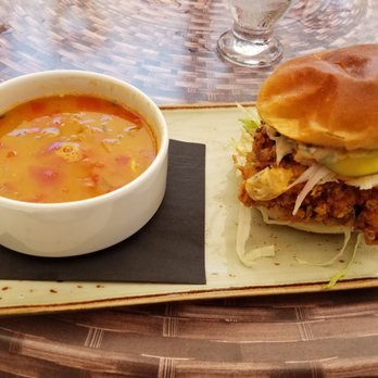 The Vines Restaurant - Southern Fried Chicken sandwich with Mexican Chicken and black bean soup. - Canadian (New) Near Me - Essex, Ontario The Vines Restaurant - Southern Fried Chicken sandwich with Mexican Chicken and black bean soup. - Canadian (New) Near Me - Essex, Ontario