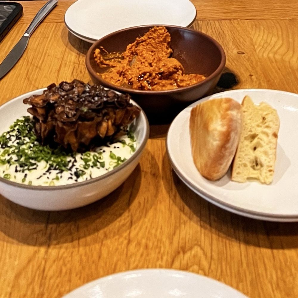 Chickadee - Crispy Hen of the Woods, Pichillo-nut dip (already dug into) with bread. - New American Near Me - Boston, Massachusetts