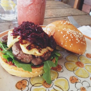 The Velo Project - Tasmanian lamb burger with beetroot chutney, haloumi and rocket & a watermelon fruit smoothie. - Coffee & Tea Near Me - Mooloolaba, QLD The Velo Project - Tasmanian lamb burger with beetroot chutney, haloumi and rocket & a watermelon fruit smoothie. - Coffee & Tea Near Me - Mooloolaba, QLD