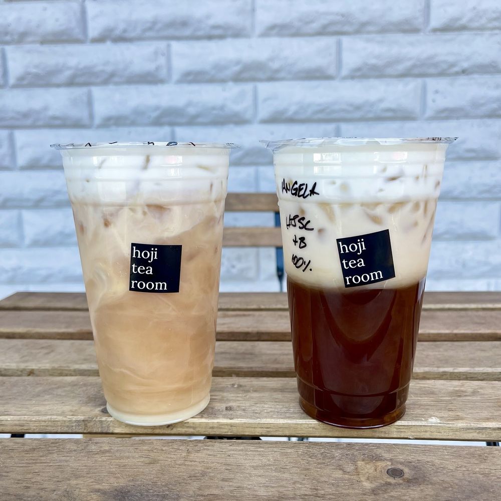 Hoji - Nilgiri + Sea Cream (Left) & Hojicha + Sea Cream with boba (Right) - Bubble Tea Near Me - Redlands, California Hoji - Nilgiri + Sea Cream (Left) & Hojicha + Sea Cream with boba (Right) - Bubble Tea Near Me - Redlands, California