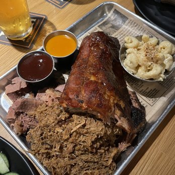 Whiskey 'N Rye Smokehouse - BBQ Trio Platter with Mac n Cheese - Barbeque Near Me - Solvang, California Whiskey 'N Rye Smokehouse - BBQ Trio Platter with Mac n Cheese - Barbeque Near Me - Solvang, California