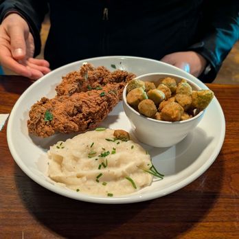 Anderson's Tavern - Chicken dinner with mashed potatoes and fried okra. - Southern Near Me - Sherwood, Oregon