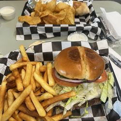 Irock Cafe - Avocado Swiss burger with fries and chicken shawarma with homemade chips