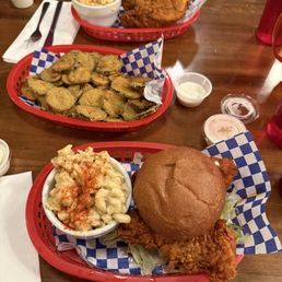 Chicken Sandwich seattle hot with a side of gouda mac and cheese. Fried Pickles