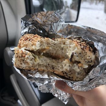 Bru-Thru Coffee Shack - Toasted Everything bagel with jalapeño cream cheese - Donuts Near Me - Cumberland, Maine