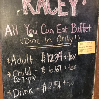 Kacey's Home Cooking Buffet - The prices. There is a Senior discount that is not shown here. - Buffets Near Me - Tallahassee, Florida Kacey's Home Cooking Buffet - The prices. There is a Senior discount that is not shown here. - Buffets Near Me - Tallahassee, Florida