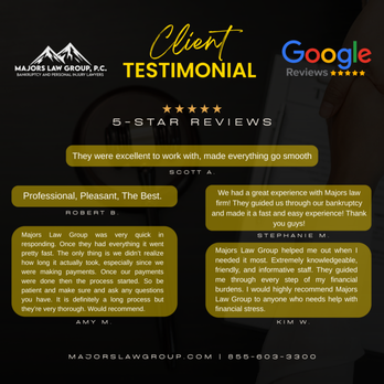 Majors Law Group - Five 5-Star Reviews in a Single Day!
We're honored to receive such incredible feedback from our clients. - Bankruptcy Law Near Me - Renton, Washington Majors Law Group - Five 5-Star Reviews in a Single Day!
We're honored to receive such incredible feedback from our clients. - Bankruptcy Law Near Me - Renton, Washington