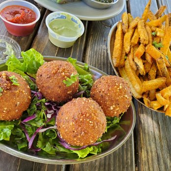 Hip Vegan - Amazing Fried Curry Rice Balls with the best dipping sauce, and Gunpowder Fries - Vegan Near Me - Ojai, California