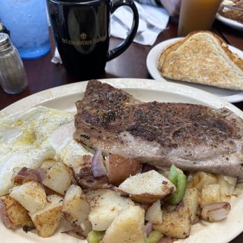 Granny's Country Cafe - Pork Steak and eggs with potatoes and sourdough toast - Breakfast & Brunch Near Me - Visalia, California