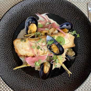 Elliott's On Linden - Halibut and muscles over truffled risotto - New American Near Me - Pinehurst, North Carolina Elliott's On Linden - Halibut and muscles over truffled risotto - New American Near Me - Pinehurst, North Carolina