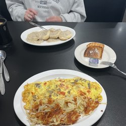 The Cracked Egg - Greek omelette, sausage gravy and biscuits.