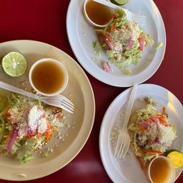 Tacos dorados with shredded beef and potatoes & a Gordita con frijoles shredded beef and papas