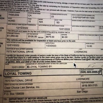 Loyal Towing - Days that Loyal towing claimed to have had my car. - Towing Near Me - Livermore, California