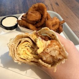 Haus Breakfast Burrito, Onion Rings w/ Miso Ranch Sauce