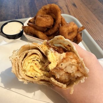 Dog Haus - Haus Breakfast Burrito, Onion Rings w/ Miso Ranch Sauce - Hot Dogs Near Me - Glendora, California