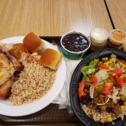 Pollo Tropical - 1/2 chicken plate with rice and beans, sauces and beyond meat tropi chop