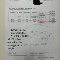 A printed document titled 'Auto House' details the purchase of a 2013 Lexus GS 450h, including vehicle specifications and pricing. Handwritten notes on the document mention a total price of $19,144, a discounted price of $11,982, and a payment option for cash. The document also includes a circled amount of $19,144 and additional handwritten annotations about payment methods. The paper appears to be a car sales agreement or quote, with sections for signatures and dates.