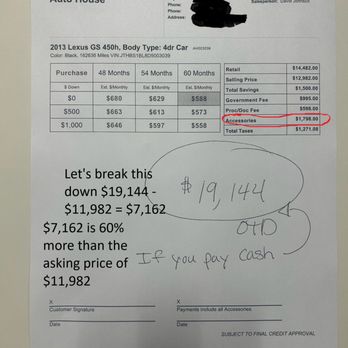 Auto House Phoenix - A printed document titled 'Auto House' details the purchase of a 2013 Lexus GS 450h, including vehicle specifications and pricing. Handwritten notes on the document mention a total price of $19,144, a discounted price of $11,982, and a payment option for cash. The document also includes a circled amount of $19,144 and additional handwritten annotations about payment methods. The paper appears to be a car sales agreement or quote, with sections for signatures and dates. - Car Buyers Near Me - Phoenix, Arizona