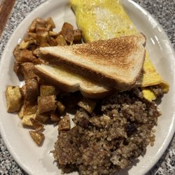 Omelette with home fries, goetta and toast. This is $5!!! Crazy, I know!!