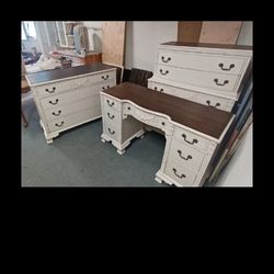 Attic Child - Three-piece set, painted cotton white, refinished mahogany tops, and distressed.