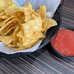 a basket of chips and salsa