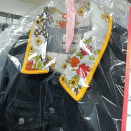 Made by Kimberly at the Upper Queen Anne location from a bandana and denim coat I brought in.