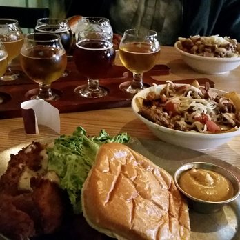 Territorial Brewing Company - Beer flights with snitzel burger and chili cheese fries. - German Near Me - Springfield, Michigan