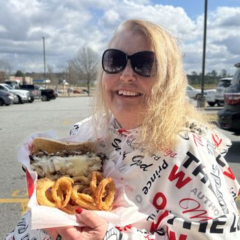 Double Stack Shack - My sister with her birthday meal - Hot Dogs Near Me - Zebulon, Georgia
