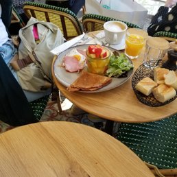 Brunch breakfast... Crepes, ham, egg, fruit. Looking good.