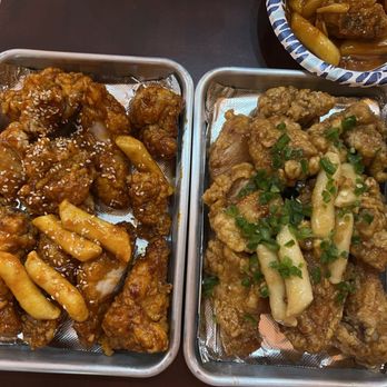 K Soul Chicken - Two half orders of chicken, gochujang on the left, jalapeño garlic on the right. - Korean Near Me - San Francisco, California K Soul Chicken - Two half orders of chicken, gochujang on the left, jalapeño garlic on the right. - Korean Near Me - San Francisco, California