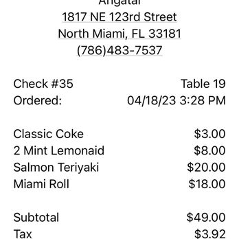 Arigatai Sushi - Receipt of my meal - Japanese Near Me - North Miami, Florida